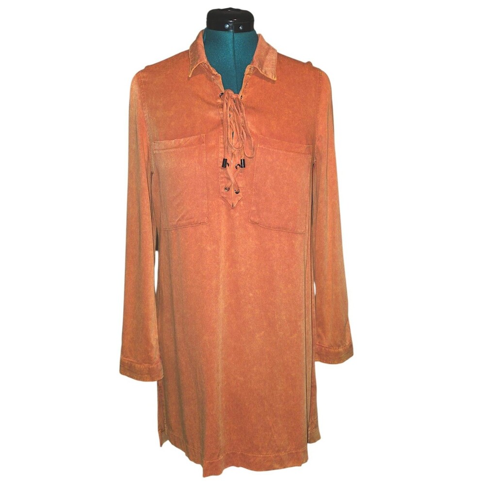 Ethereal Shirt Dress Size Medium Long Roll Tab Sleeve Drop Waist Salmon